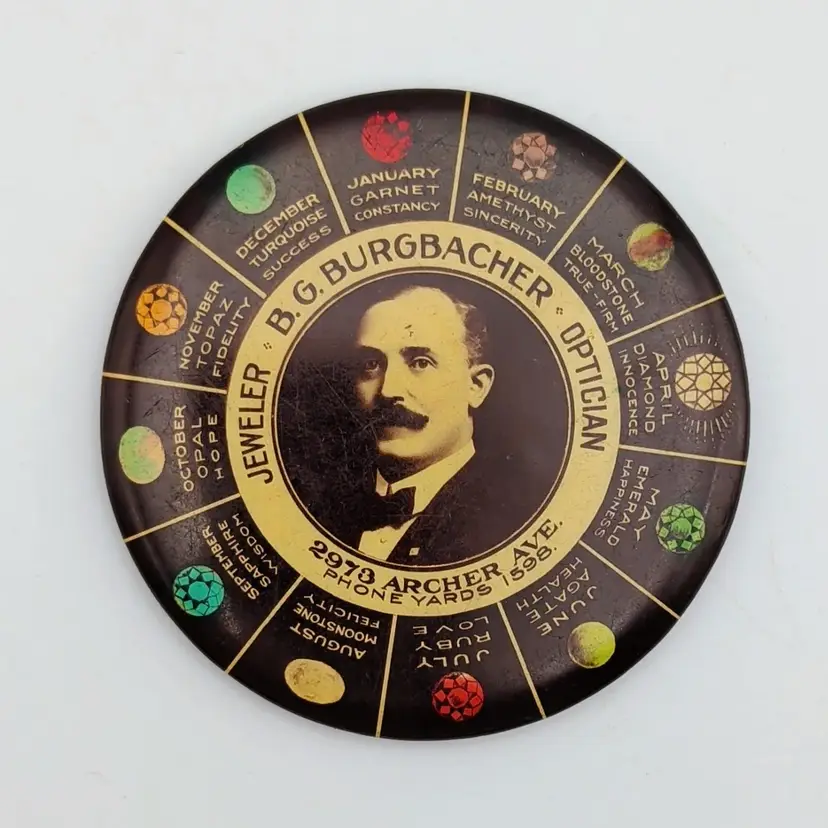 1910-1915 Celluloid Advertising Pocket Mirror B.G. Burgbacher Jeweler Chicago