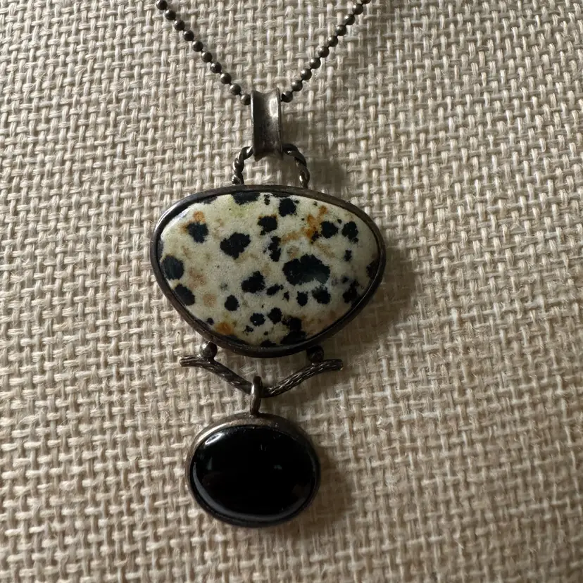 Vintage Whitney Kelly 925 Sterling Silver Dalmatian Jasper & Black Onyx Pendant Necklace (Tested)