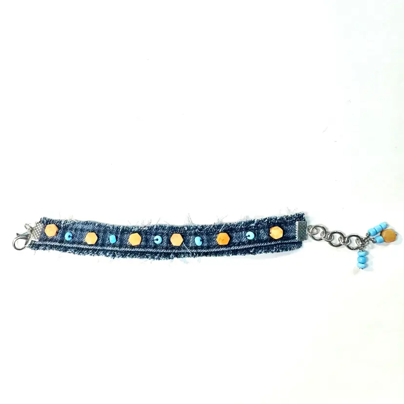 Stone And Glass Beaded Denim Bracelet Made By Me Silver Tone 7.5” L Adjustable