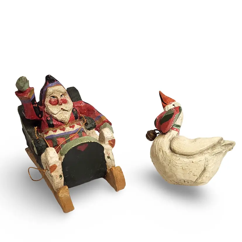 Vintage House of Hatten Christmas Ornaments - St. Nicholas in Swan Sleigh + Goose Figurine Set of 2 - Santa Sled - 1989 Enchanted Forest