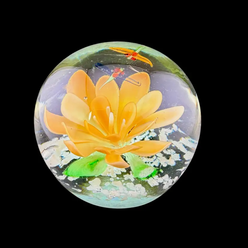 Vintage Dragonflies & Lotus Flower Paperweight 3” Tall x 2.75” Wide