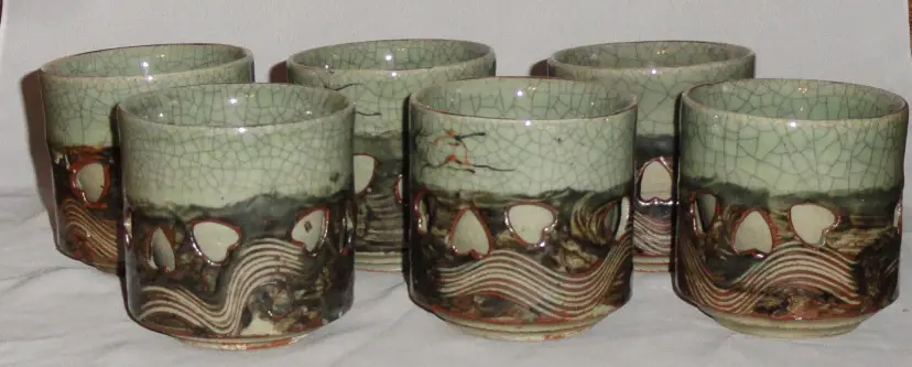 6 Vintage Somayaki Double Wall Sake Cups ~ Heart Crackle Glazed Gold Horse