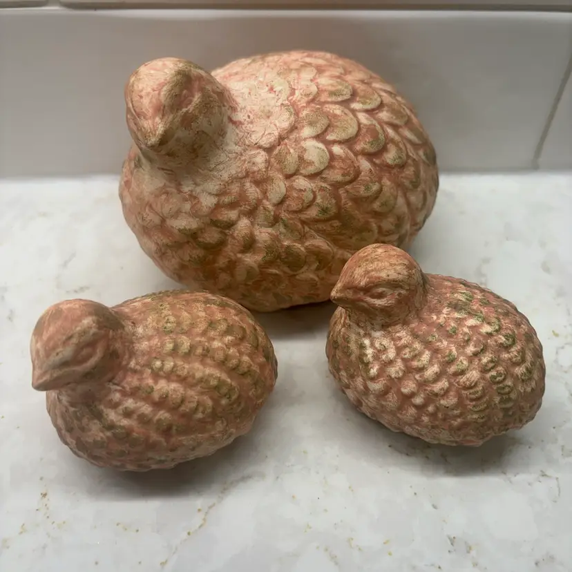Set of 3 Terracotta Quail Family Figurines Mama & 2 Chicks Pink Wash - Rustic SW