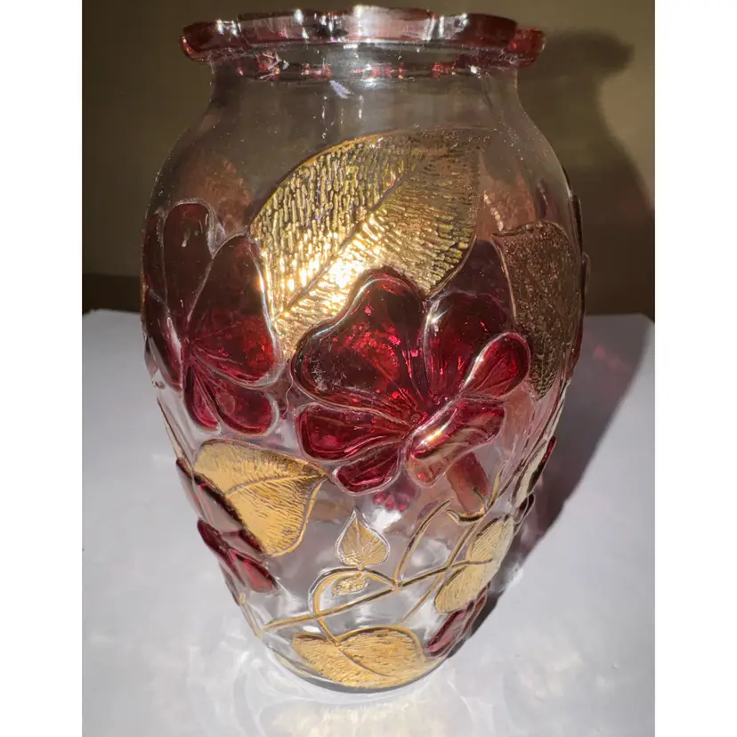 Vase Red and Gold Floral Glass textured 5.75” tall