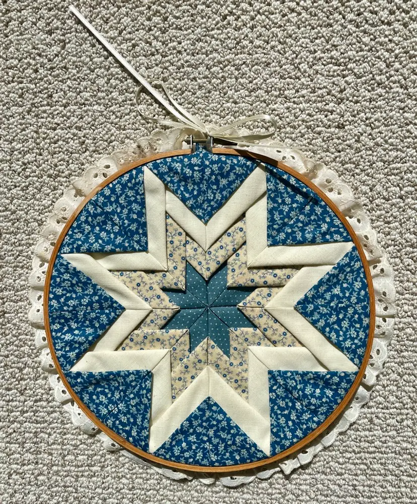 Cottage Core 8 Point Folded Quilt Blue Cream Star in 8" Round Embroidery Hoop