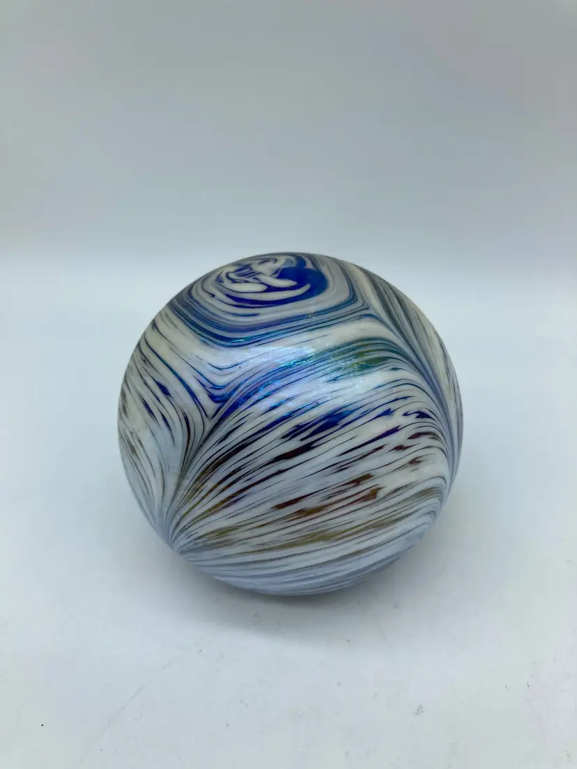 Hand Blown Art Glass Paperweight Iridescent Pulled Feather Design