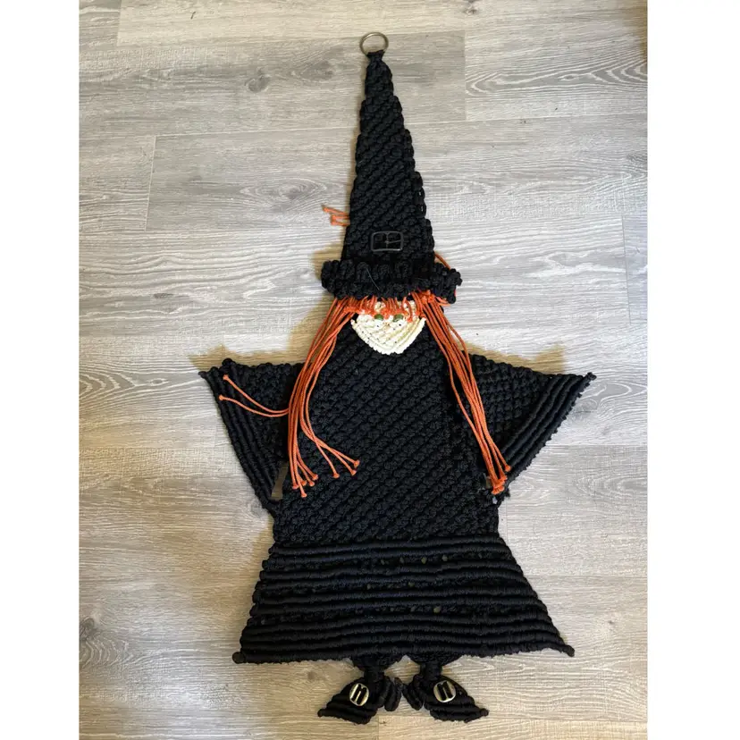 Vintage Macrame 43”x 24” Halloween Witch Wall Door Hanger