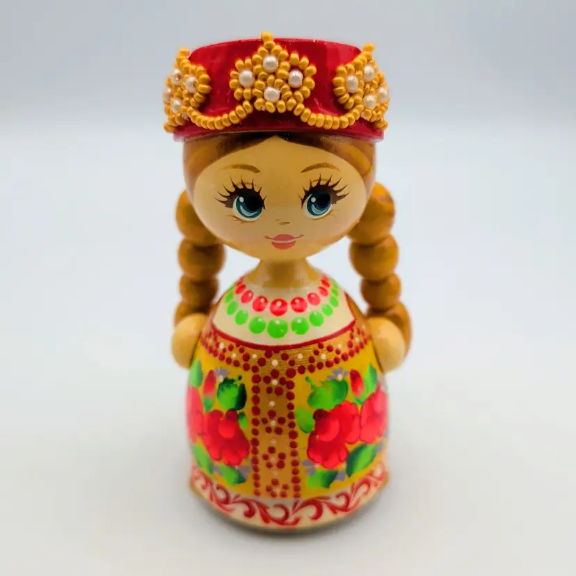 Hand Painted Russian Wooden Doll Wearing Traditional Kokoshnik Headdress w/Beads