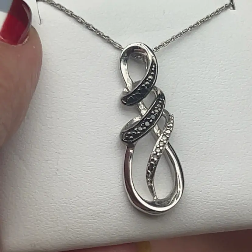 925 Sterling Silver Diamond/Moissanite Tested Black & White Accent Infinity Pendant Necklace 18”