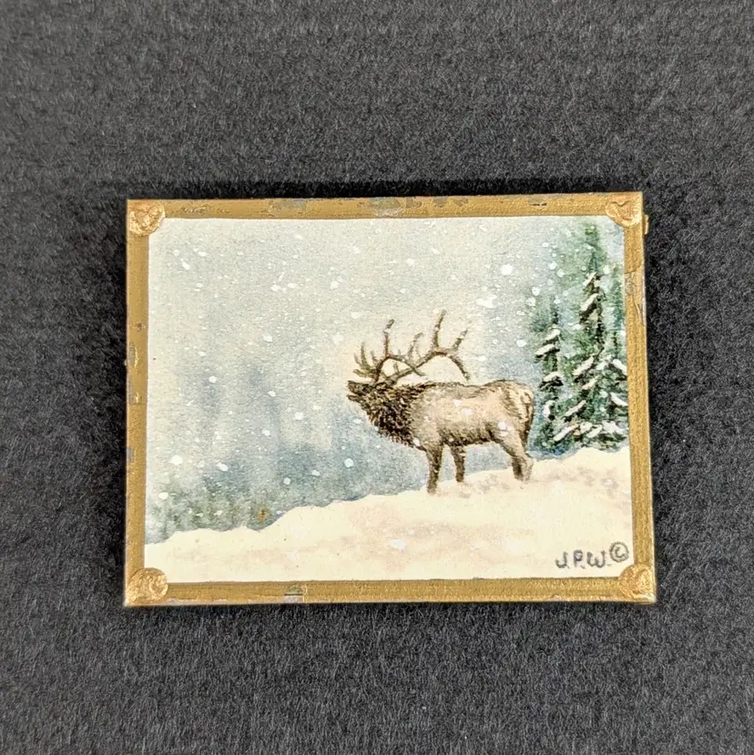 Vintage J. Perkins-White Elk Brooch Pin Mini Wearable Nature Painting Wildlife