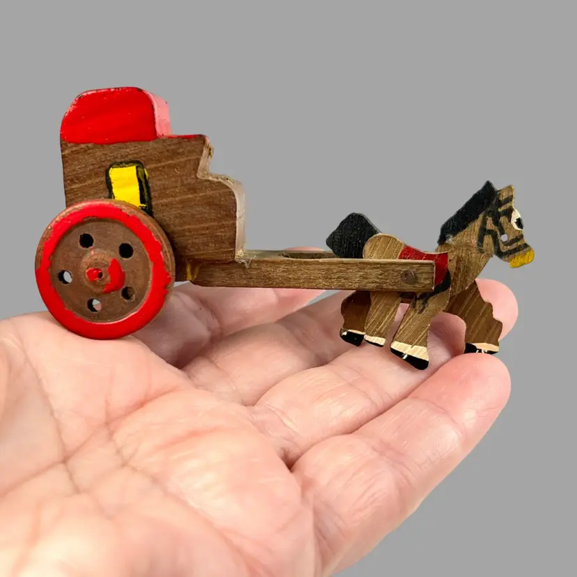 Wooden Miniature Japan Horse Drawn Carriage. Marked Japan on Bottom.