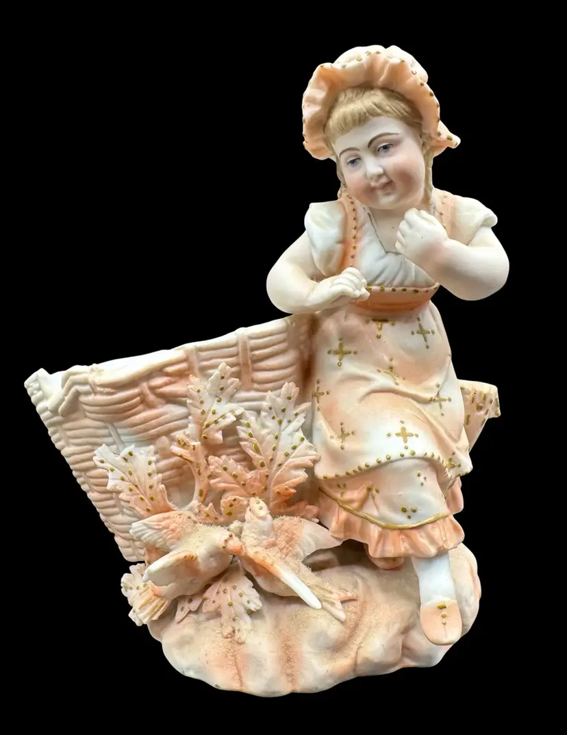 Antique Hand Painted Porcelain Bisque Planter Spill Vase Girl Dove Birds Pink 5”
