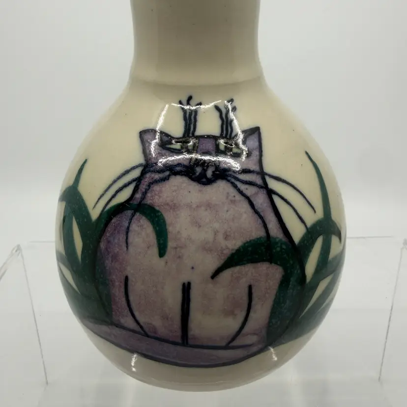 Vintage Moonfire Pottery Purple  Cat Vase Hand Painted Claire and Bill Delffs 5”