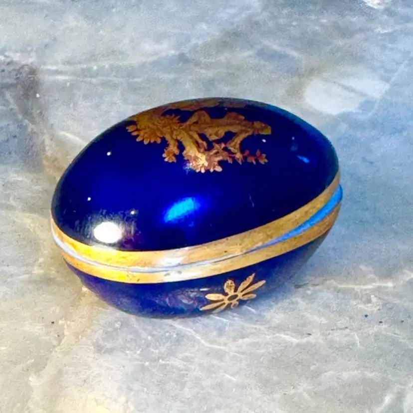 😻 1” Limoges France Cobalt Blue Gold Miniature Egg Trinket Box