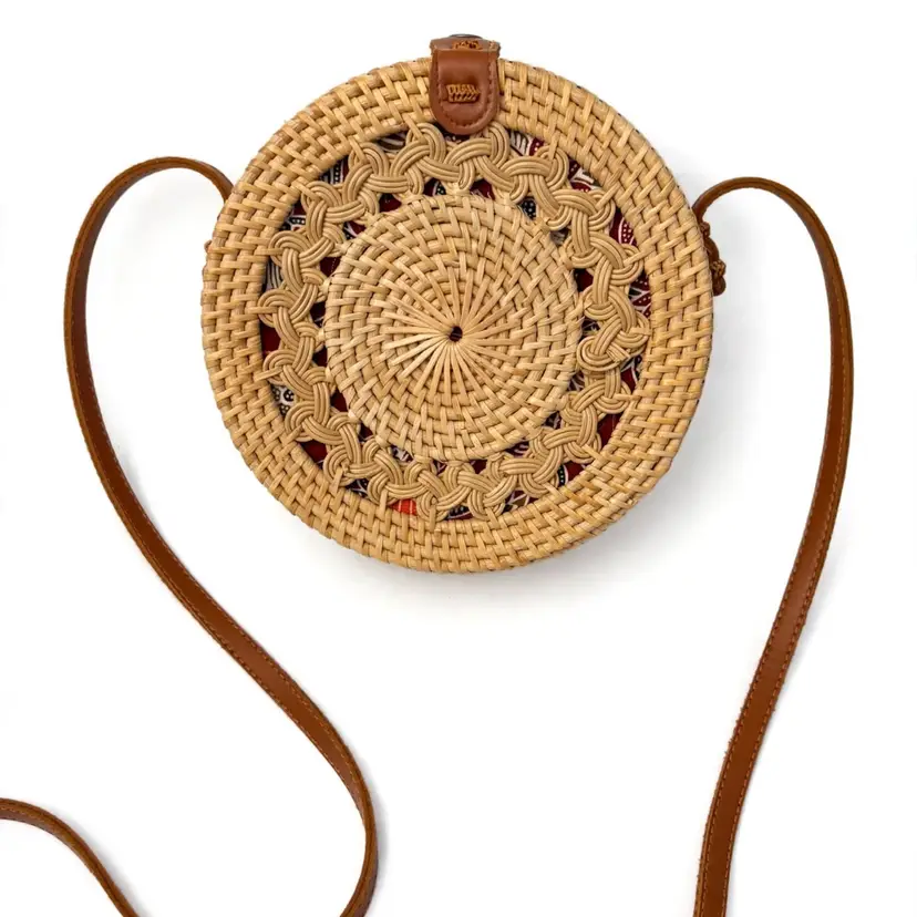 Vintage Boho Rattan 8” Round Woven Wicker Crossbody Bag Leather Strap Bali Purse
