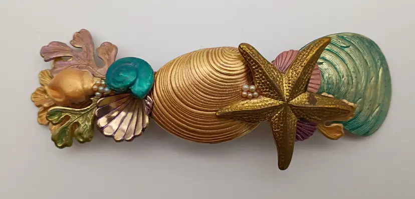 Vintage 4.5” Metal Barrette ~ Coral Reef Star Fish Shells ~ France ~ 1980-1990's