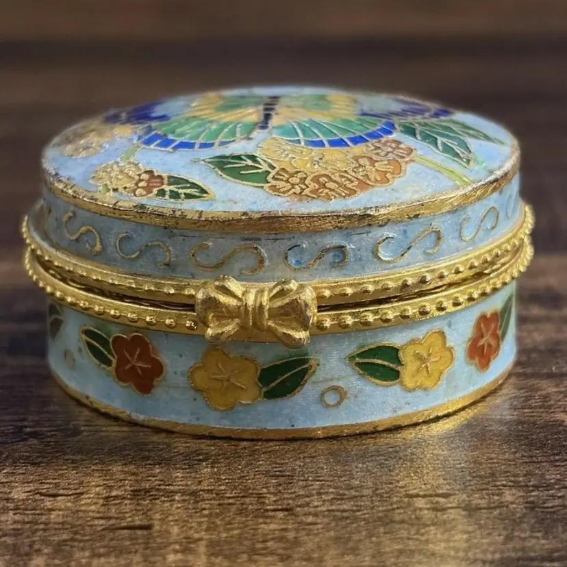 Vintage Cloisonné Trinket Box Butterfly Floral Sky Blue Enamel Round Hinged