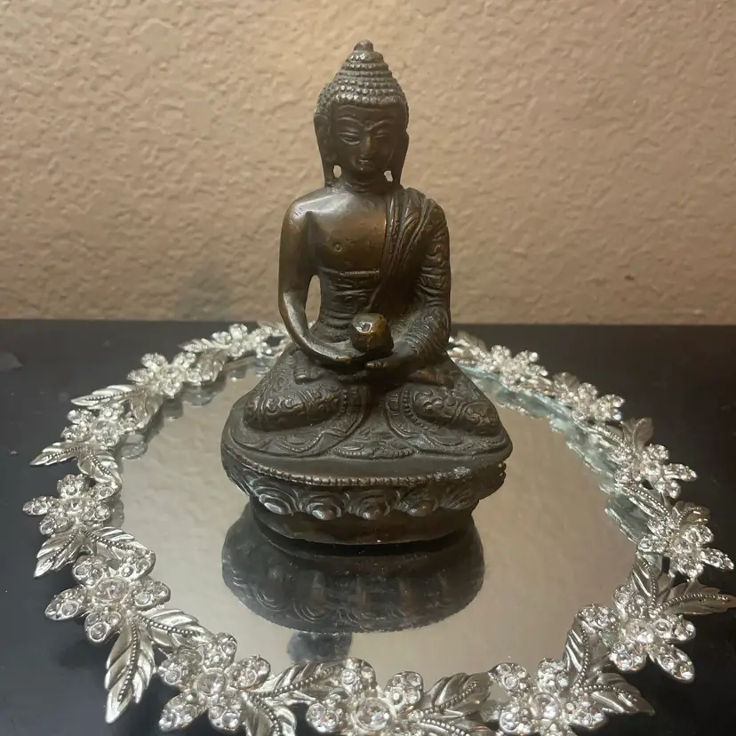 Hand carved Bronze Buddha on Lotus Pedestal From Tibet