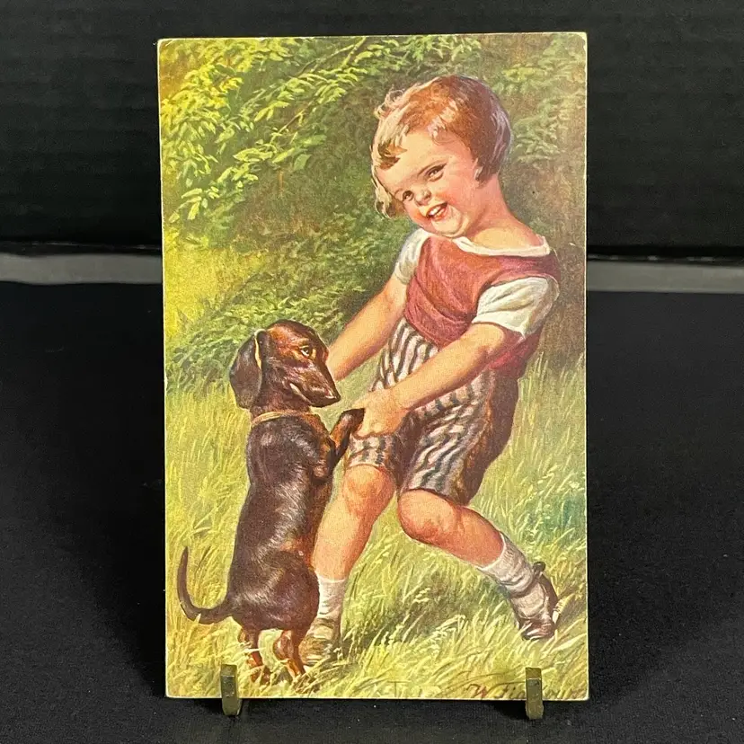 Child Dancing with Wiener Dog Dachshund Postcard 1920s Vintage Netherlands 3.5x5.5"