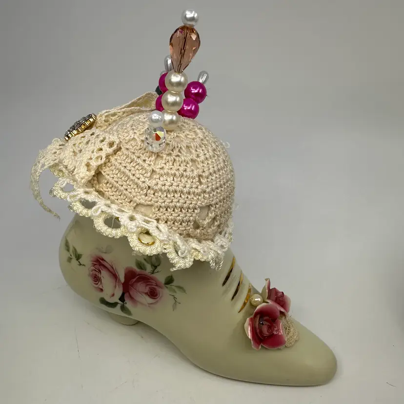 Handmade Floral Porcelain Shoe Pin Cushion With Lace & Rhinestone