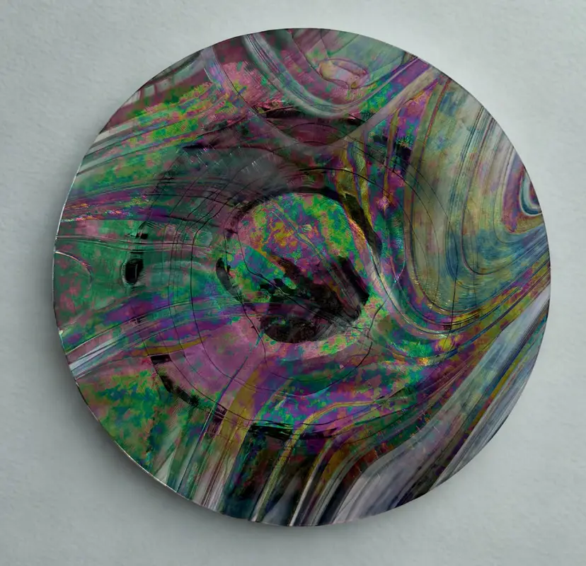 Vintage Iridescent Art Glass Bowl Hand Blown Studio Glass Centerpiece Dish Purple Green Abstract Swirl Decorative Glass Catchall 10 Inch