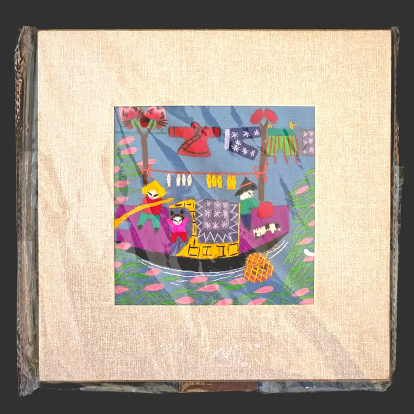 Folk Art Textile Embroidery Asian Fishing Boat Scene on Silk Glued to Board