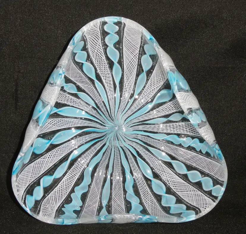 Murano Latticino Zanfirico Bowl ~ Powder Blue Tri Corner ~ Ribbon Art Glass