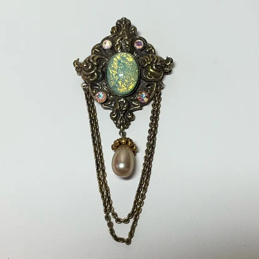 #16 - vintage opal/foil‑back art glass Brooch with Aurora Borealis rhinestones