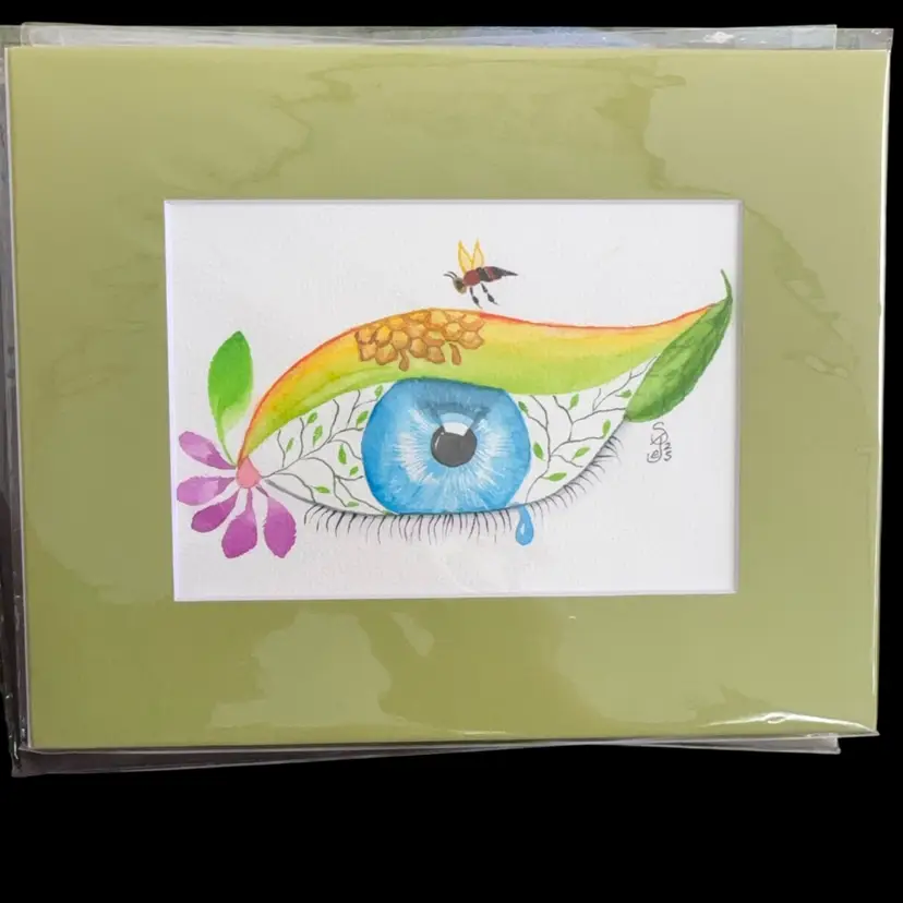Original Watercolor Eye With Bee And Honeycomb 5 X 7” In 8 X 10” Green Matte