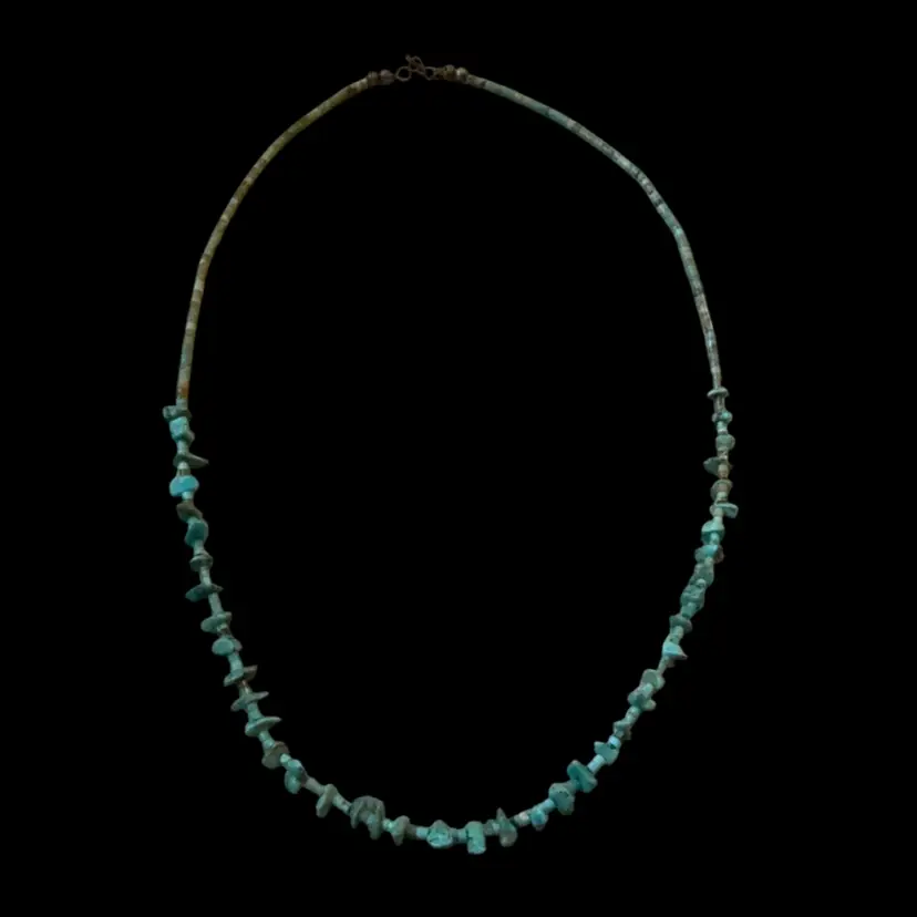 Vintage MCM Navajo Turquiose Chip & Bead Necklace Sterling Hook Clasp 26”