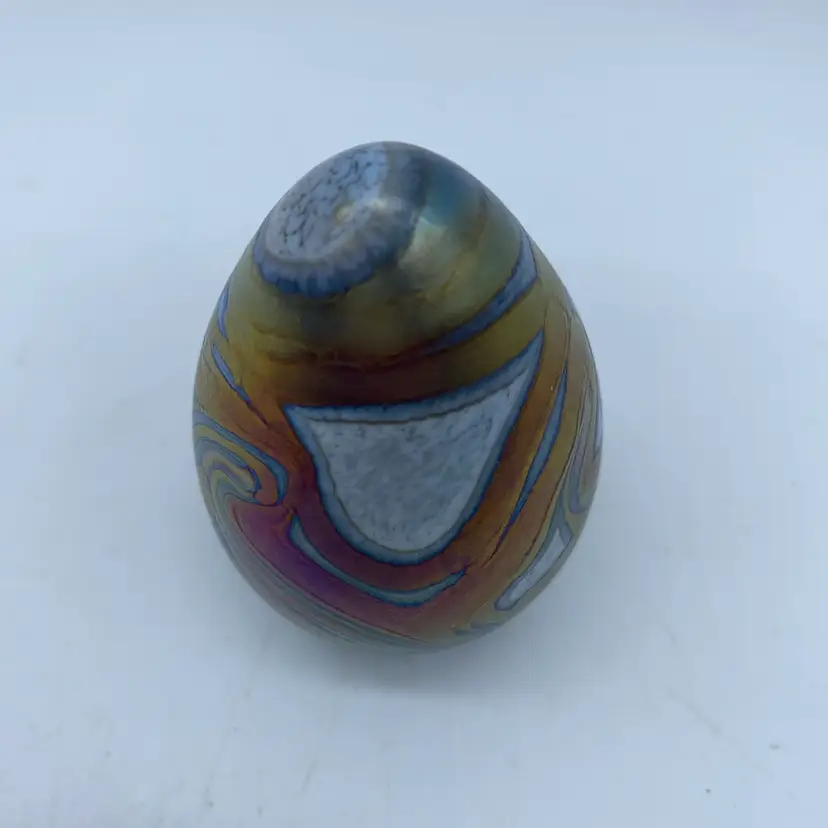 #0012 Iridescent signed art glass egg paperweight dated 1997.