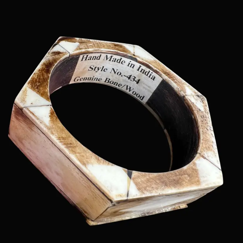 7.5” Hexagon Bangle Bracelet | Genuine Bone & Wood | Vintage Hand Made In India Style No.-434 | Great for Crystal Sphere Display too!