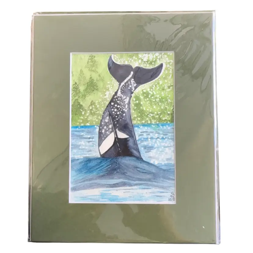 Original Watercolor Whale Tail 5 X 7” In 8 X 10” Green Matte