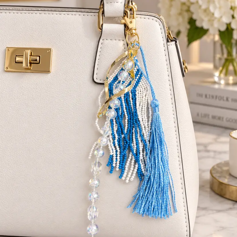Blue & White Beaded Purse Charm, Tassel Bag Charm, Crystal Bead Keychain, Coastal Boho Handbag Accessory
