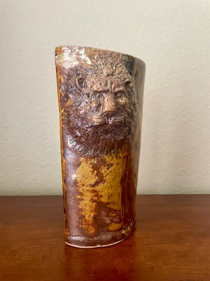 Lion Wild Big Cat Animal Hanging Stoneware Pottery Signed Wall Pocket