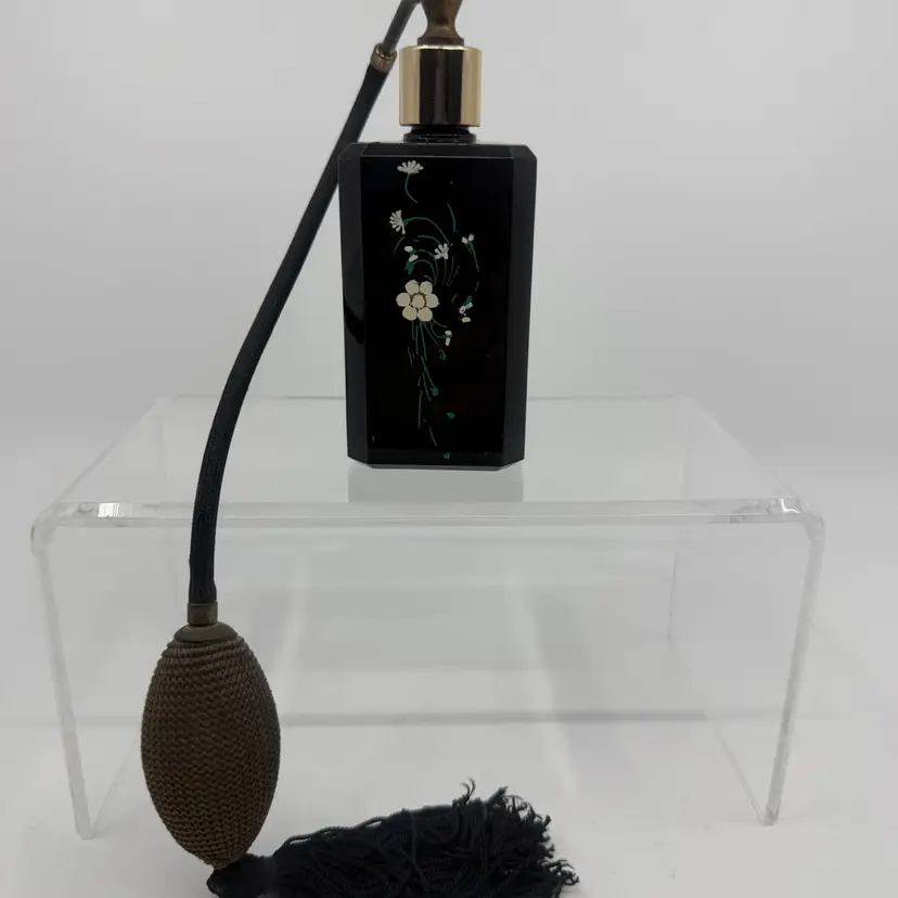 Vintage Art Deco Style Black Hand Painted Perfume with Gray Atomizer 5”