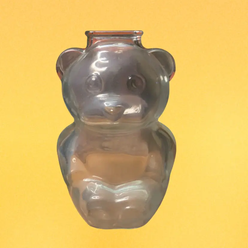 27. NEW IN BOX,VINTAGE ANCHOR HOCKING CLEAR GLASS TEDDY BEAR PIGGY BANK 6"