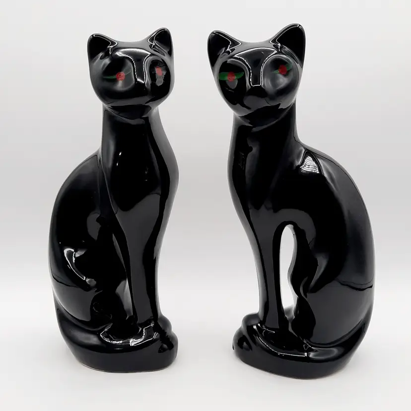 Vintage MCM Glossy Black Cats Red & Green Eyes Set of 2 Taiwan