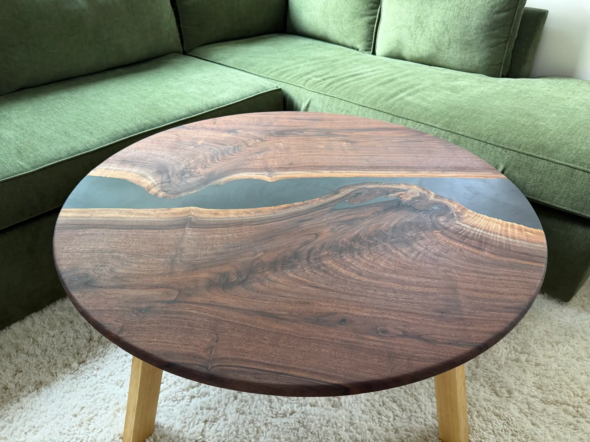 Dark epoxy stripe accent on walnut
