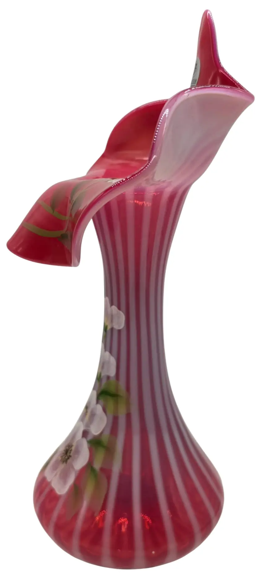 FENTON CRANBERRY OPAL RIBBED OPTIC DECORATED JIP VASE MUSEUM COLL SIGNED