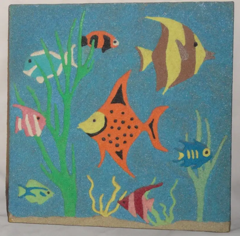 Original Painting Signed & Dated ~ Tropical Fish ~ Sand Texture on Wood