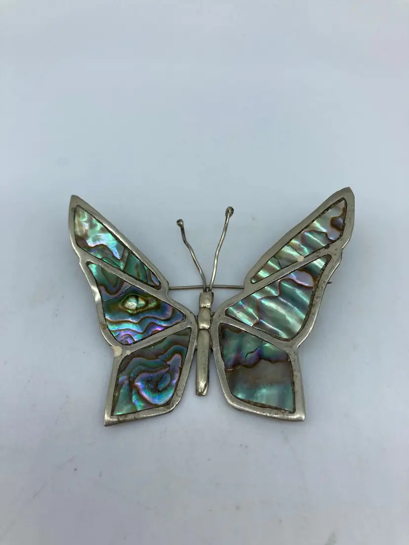 Brooch Vintage Large Butterfly Abalone Stones Mexico Sterling Silver
