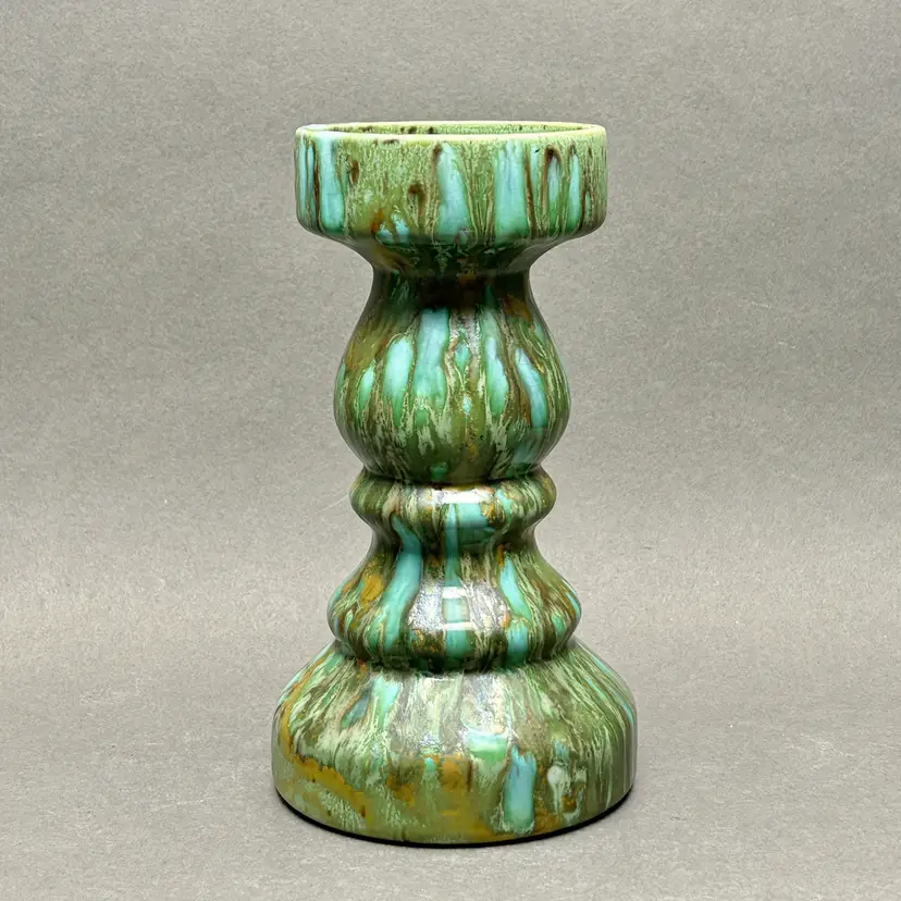 Vintage 1970s West German Pottery Green Drip Glaze Sculptural Candlestick