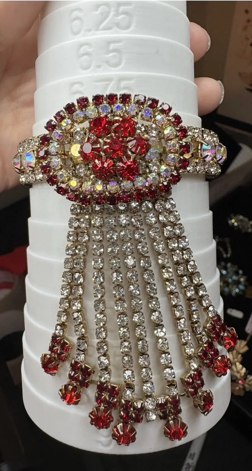 Vintage Red AB Rhinestone Bracelet 3" Cascade Fringe Statement Jewelry
