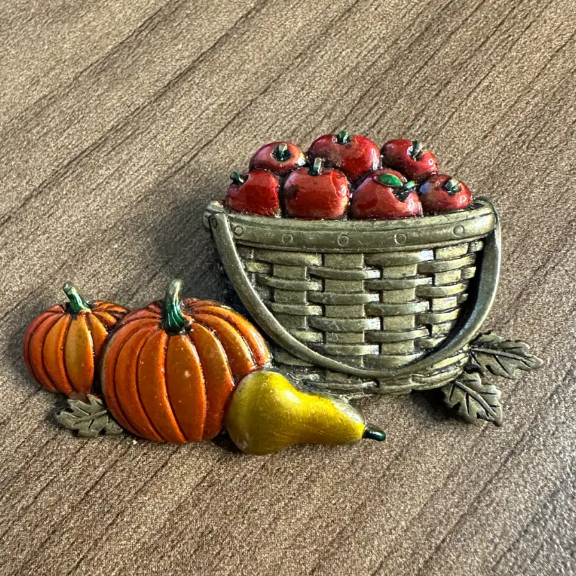 JJ Brooch Harvest Basket Brass-Tone With Colors