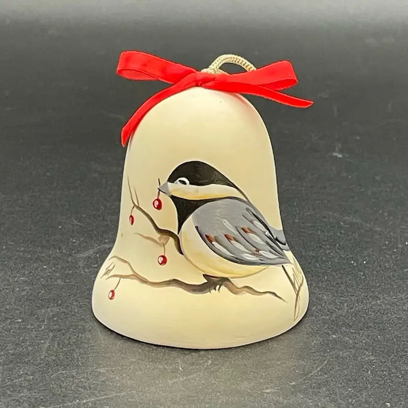 Sandstone Creations Chickadee Bird Bell Ornament Hand Painted Signed VTG
