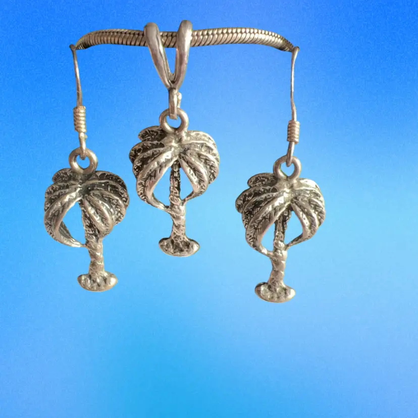 20” Sterling Silver Necklace With Palm Tree Pendant And Matching Dangling Palm Tree Hook Back Earrings
