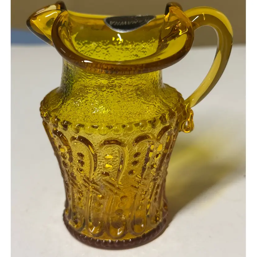 Kanawha Amber Glass Mini Pitcher Original Label UV Reactive Glow 4.25”