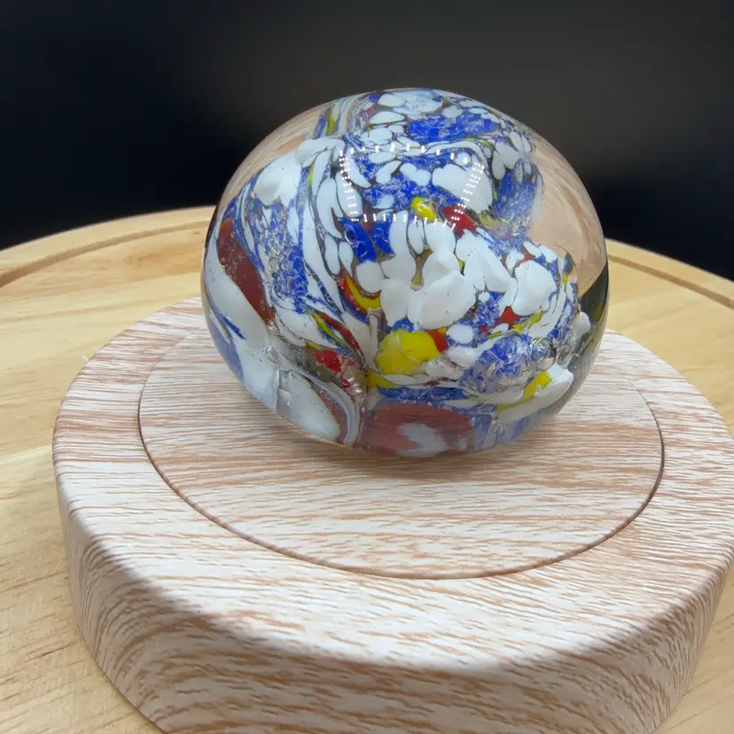 🐞Vtg Hand Blown Art Glass Paperweight - Scrambled Confetti Frit Style 2x2 1-4”(call out)