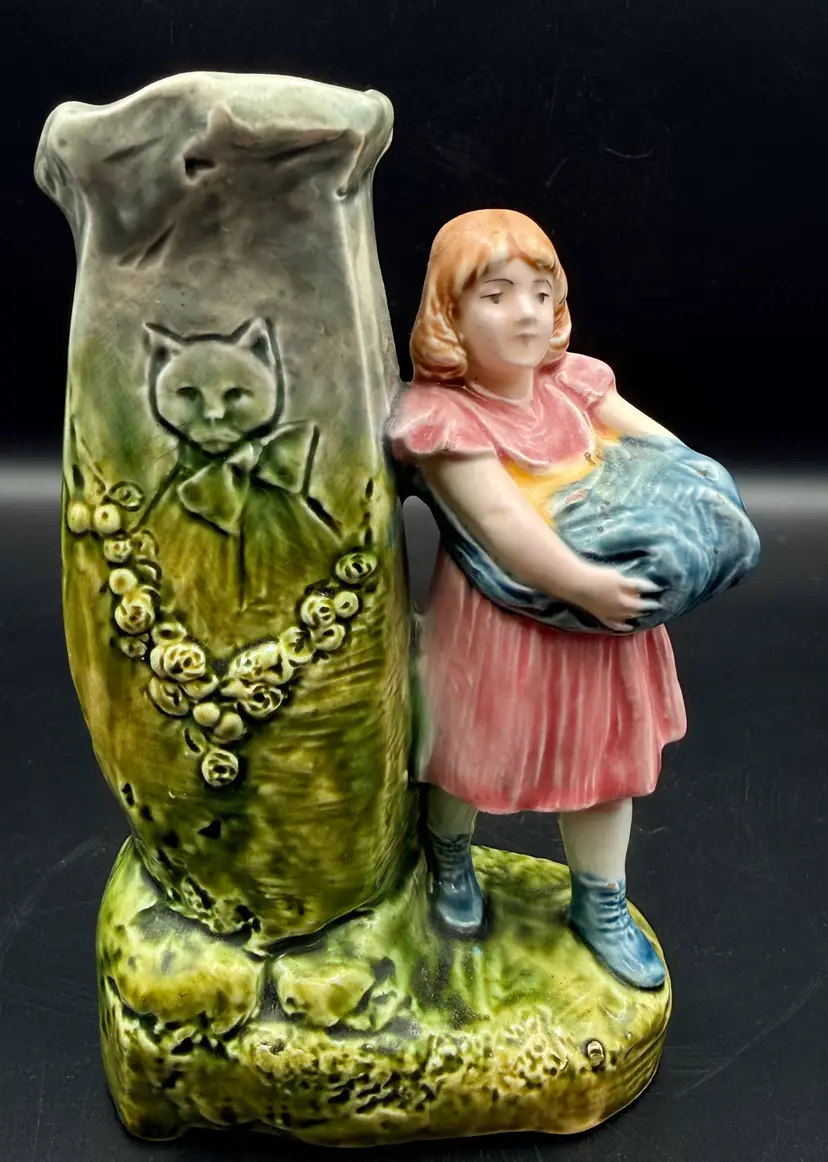 Antique Figural Majolica Art Nouveau Spill Posy Vase Girl Cat Tree Stump Austria